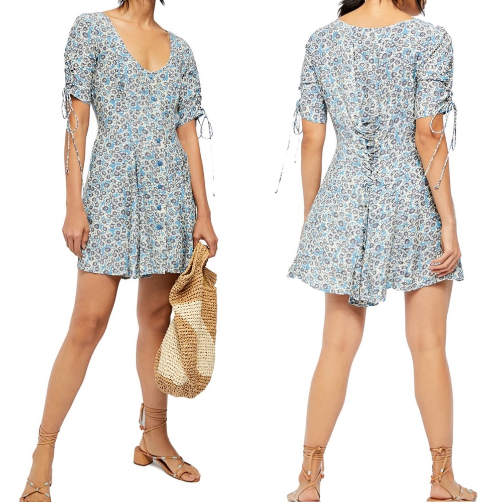 Free People Blue Floral Lace Up Mini Dress